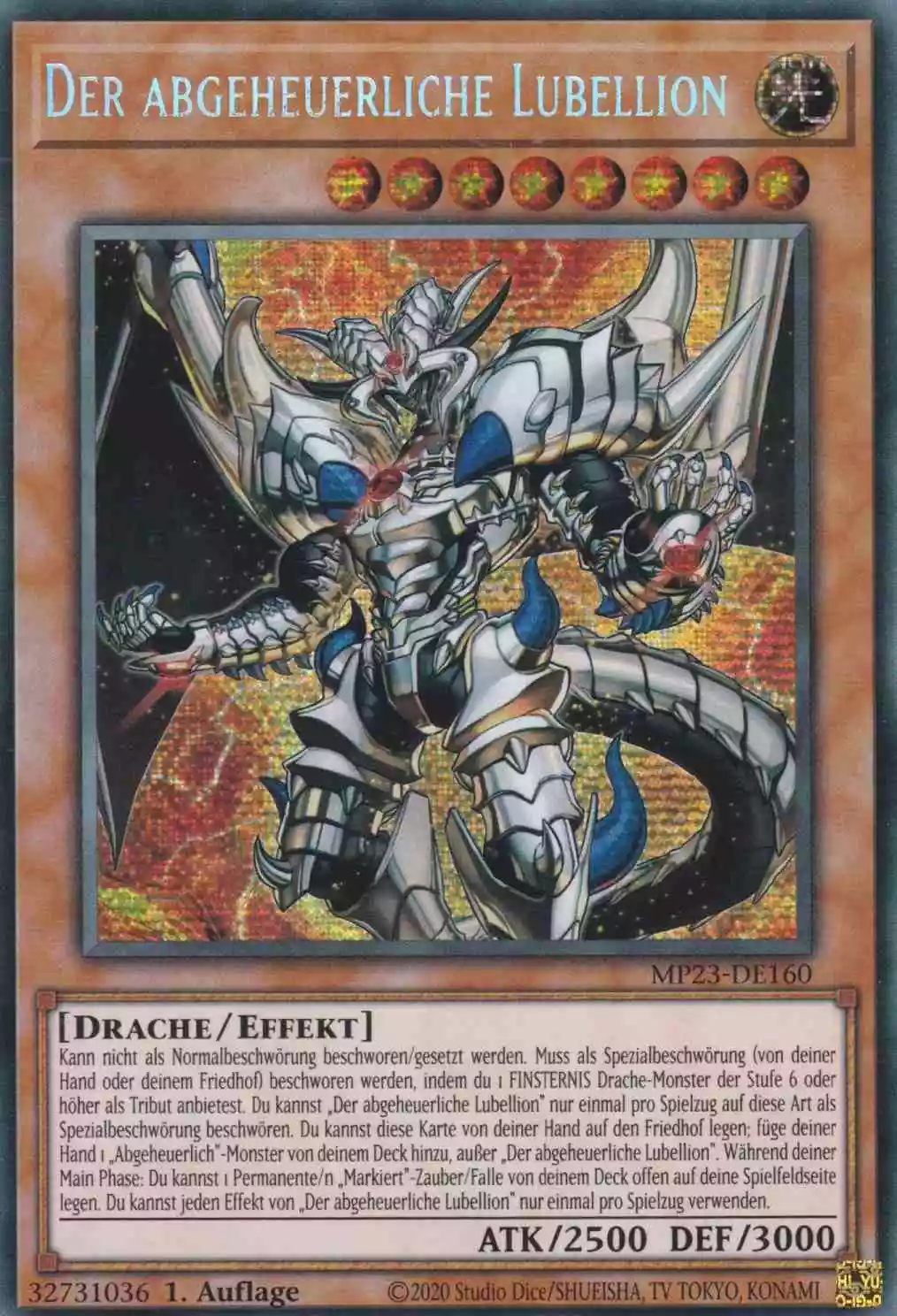 Der abgeheuerliche Lubellion MP23-DE160 ist in Prismatic Secret Rare Yu-Gi-Oh Karte aus 25th Anniversary Tin Dueling Heroes 1.Auflage