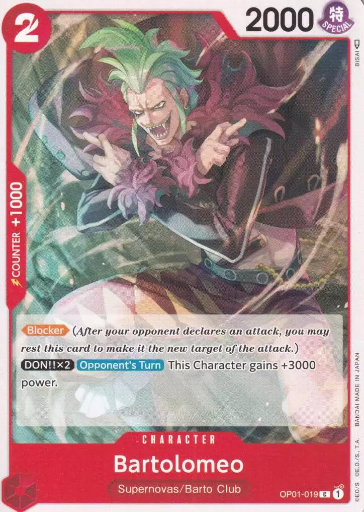 op01-019-bartolomeo-common-romance-dawn Bartolomeo OP01-019 ist in Common. Die One Piece Karte ist aus Romance Dawn in Normal Art.