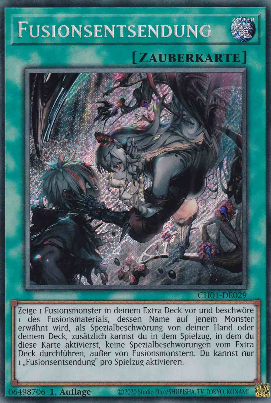 Fusionsentsendung Secret Rare CH01-DE029-SCR Yugioh Karte Fusionsentsendung CH01-DE029-SCR ist in Secret Rare Yu-Gi-Oh Karte aus THE CHRONICLES DECK: The Fallen & The Virtuous 1.Auflage