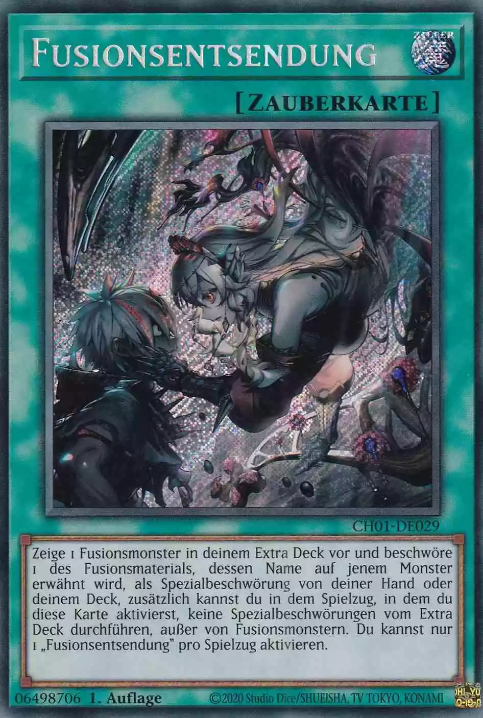 Fusionsentsendung CH01-DE029-SCR ist in Secret Rare Yu-Gi-Oh Karte aus THE CHRONICLES DECK: The Fallen & The Virtuous 1.Auflage