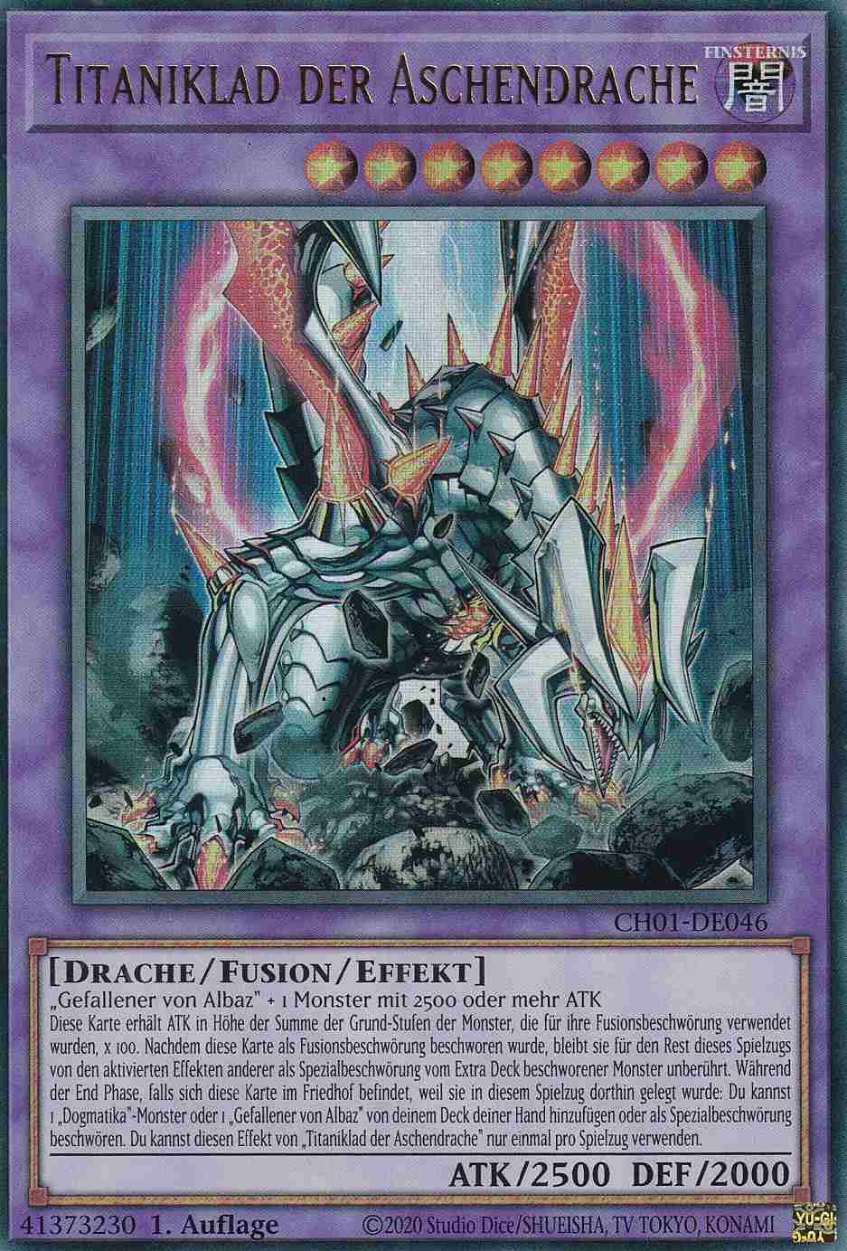 Titaniklad der Aschendrache Ultra Rare CH01-DE046 Yugioh Karte Titaniklad der Aschendrache CH01-DE046 ist in Ultra Rare Yu-Gi-Oh Karte aus THE CHRONICLES DECK: The Fallen & The Virtuous 1.Auflage