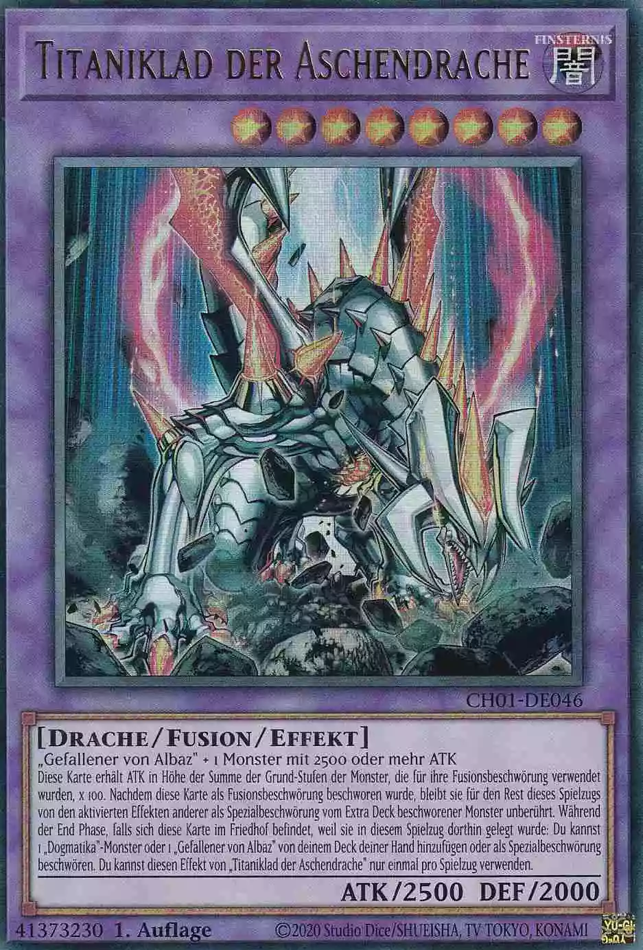 Titaniklad der Aschendrache CH01-DE046 ist in Ultra Rare Yu-Gi-Oh Karte aus THE CHRONICLES DECK: The Fallen & The Virtuous 1.Auflage