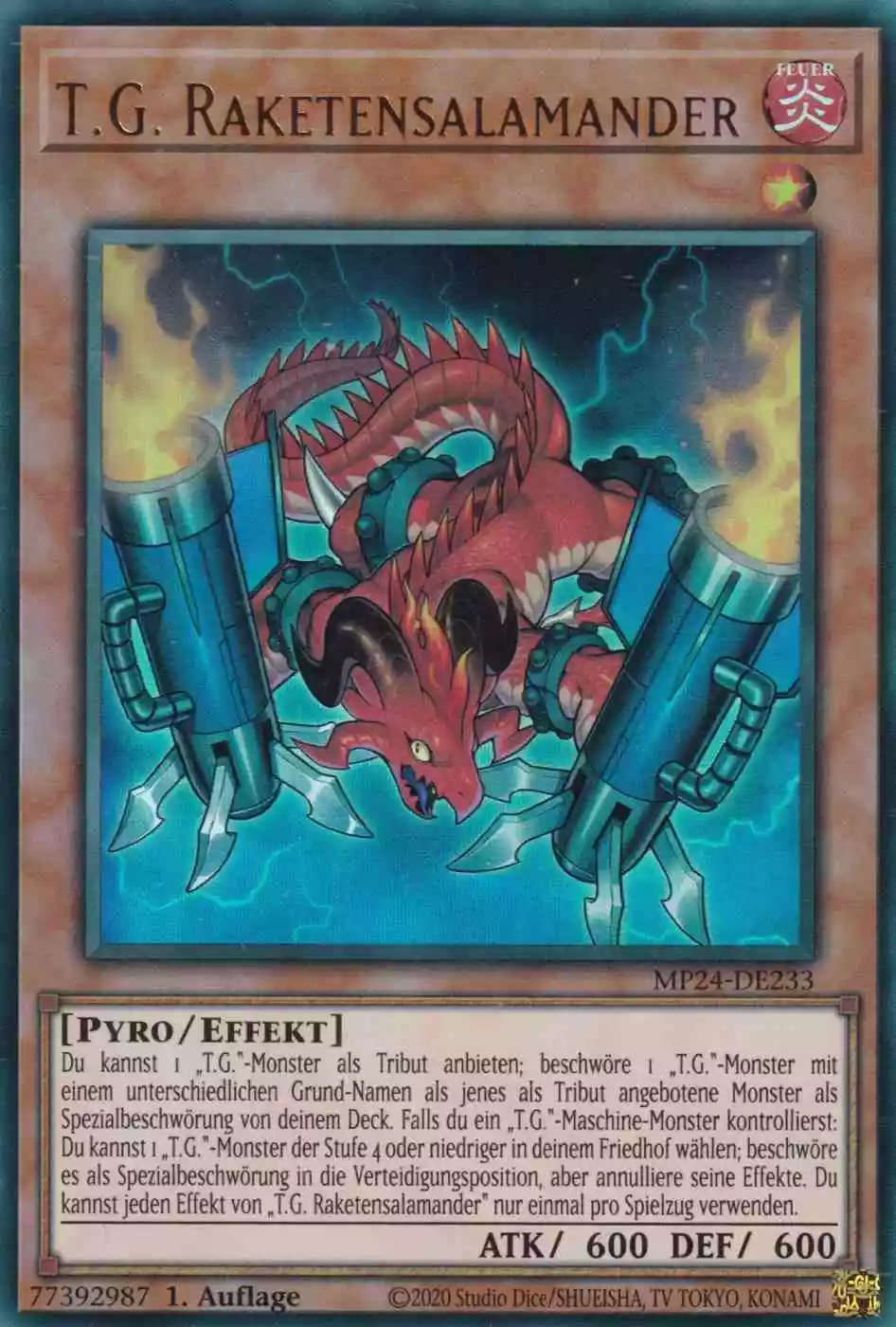 T.G. Raketensalamander Ultra Rare MP24-DE233 Yugioh Karte T.G. Raketensalamander MP24-DE233 ist in Ultra Rare Yu-Gi-Oh Karte aus 25th Anniversary Tin Dueling Mirrors 1.Auflage