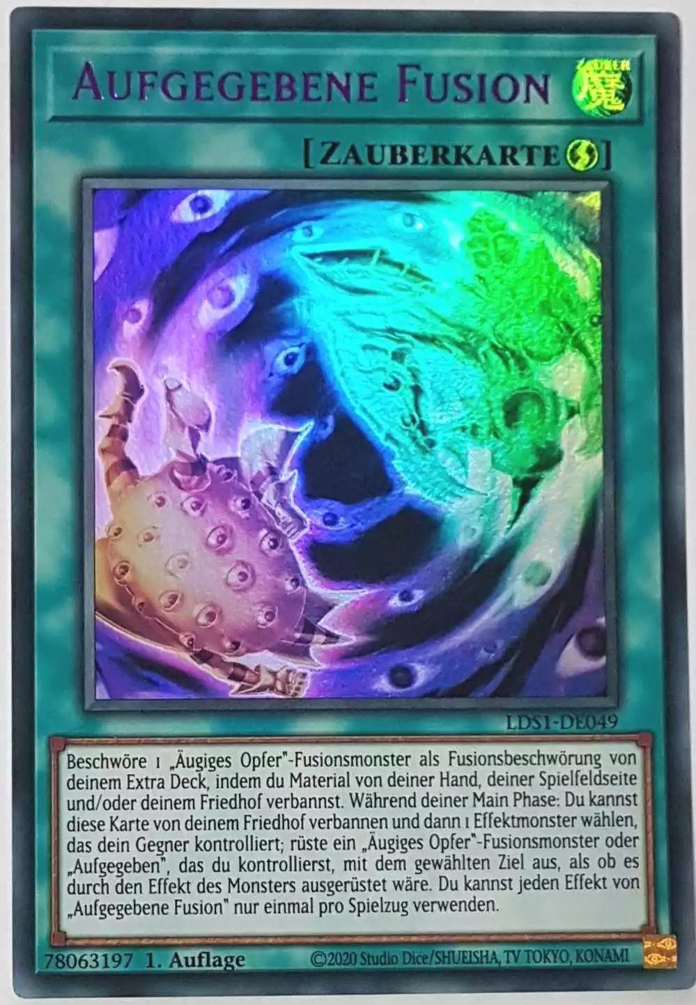 Aufgegebene Fusion (blau) LDS1-DE049 ist in Colorful Ultra Rare Yu-Gi-Oh Karte aus Legendary Duelists: Season 1 1.Auflage