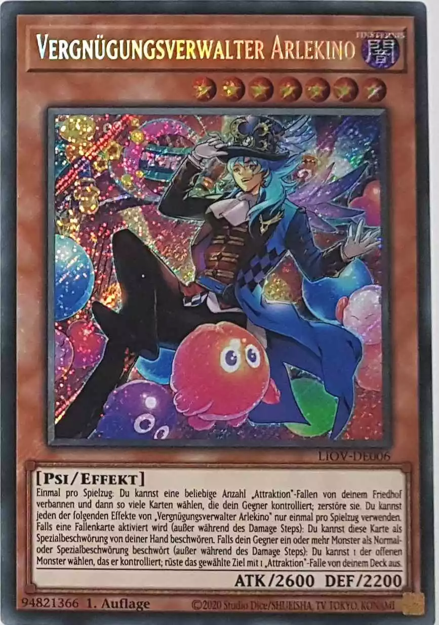 Vergnügungsverwalter Arlekino LIOV-DE006 ist in Secret Rare Yu-Gi-Oh Karte aus Lightning Overdrive 1.Auflage