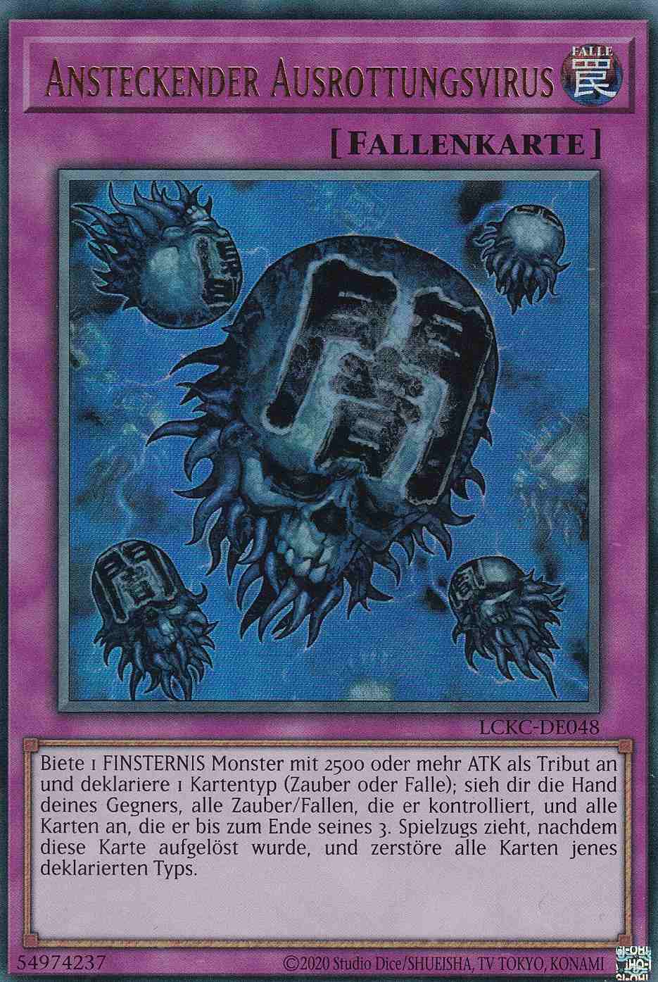 Ansteckender Ausrottungsvirus Ultra Rare LCKC-DE048 Yugioh Karte Ansteckender Ausrottungsvirus LCKC-DE048 ist in Ultra Rare Yu-Gi-Oh Karte aus Legendary Collection Kaiba unlimitiert