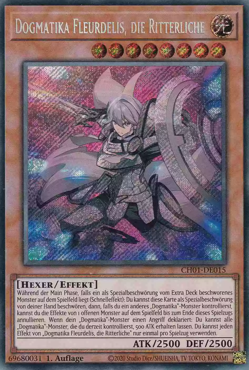 Dogmatika Fleurdelis, die Ritterliche Secret Rare CH01-DE015-SCR Yugioh Karte Dogmatika Fleurdelis, die Ritterliche CH01-DE015-SCR ist in Secret Rare Yu-Gi-Oh Karte aus THE CHRONICLES DECK: The Fallen & The Virtuous 1.Auflage