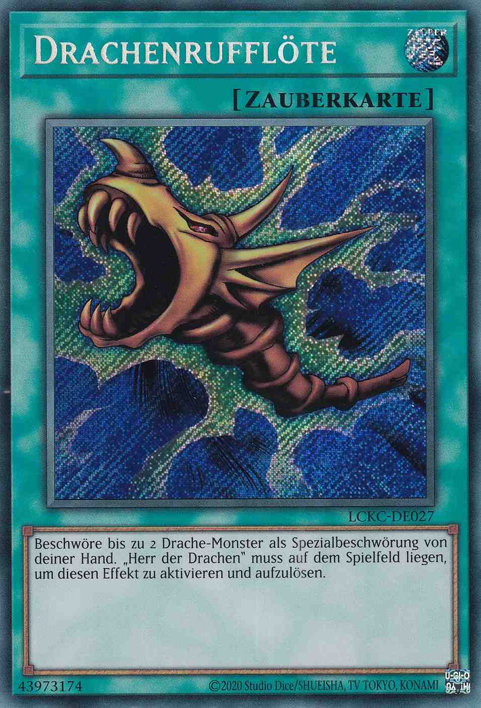 Drachenrufflöte Secret Rare LCKC-DE027 Yugioh Karte Drachenrufflöte LCKC-DE027 ist in Secret Rare Yu-Gi-Oh Karte aus Legendary Collection Kaiba unlimitiert
