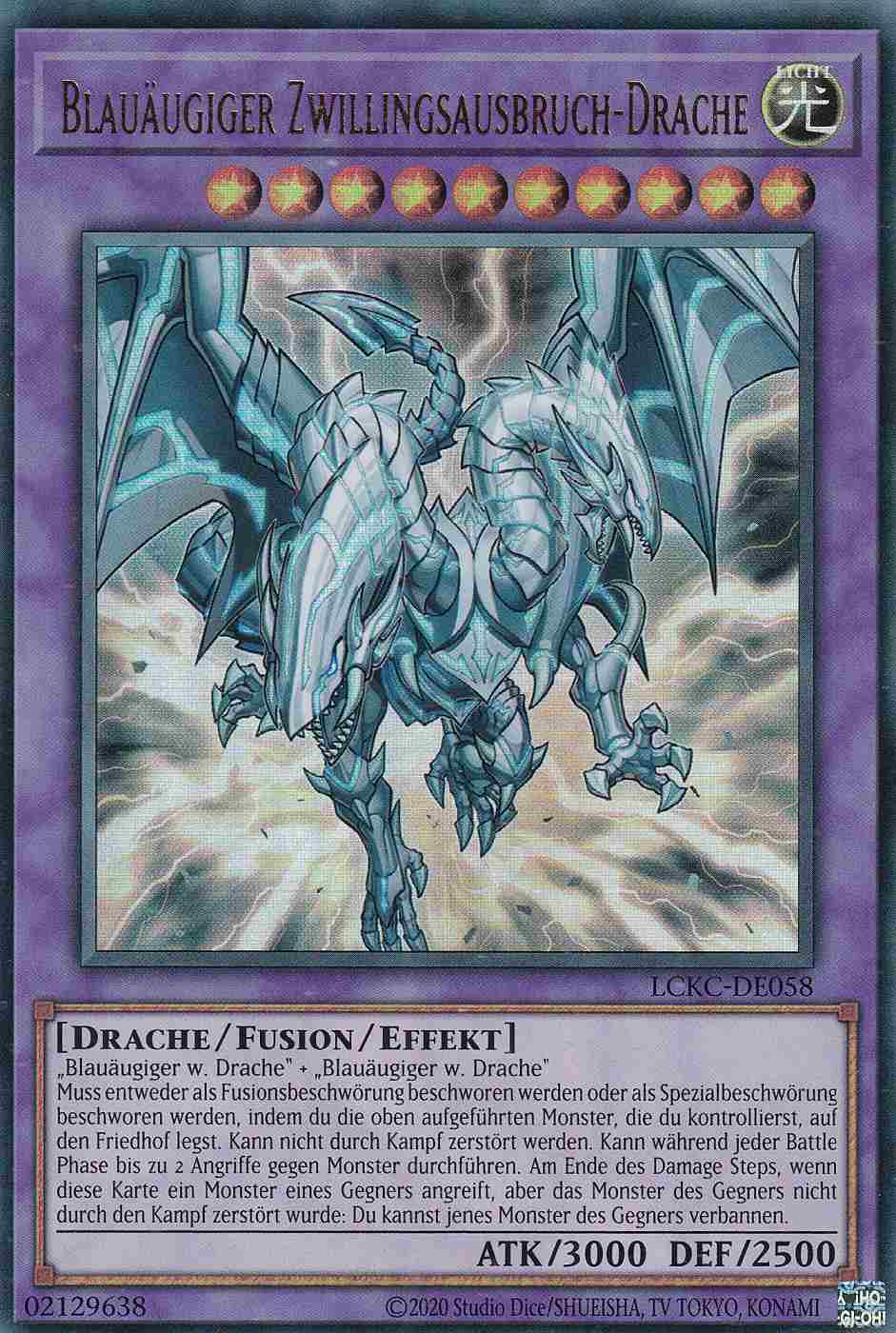 Blauäugiger Zwillingsausbruch-Drache Ultra Rare LCKC-DE058 Yugioh Karte Blauäugiger Zwillingsausbruch-Drache LCKC-DE058 ist in Ultra Rare Yu-Gi-Oh Karte aus Legendary Collection Kaiba unlimitiert