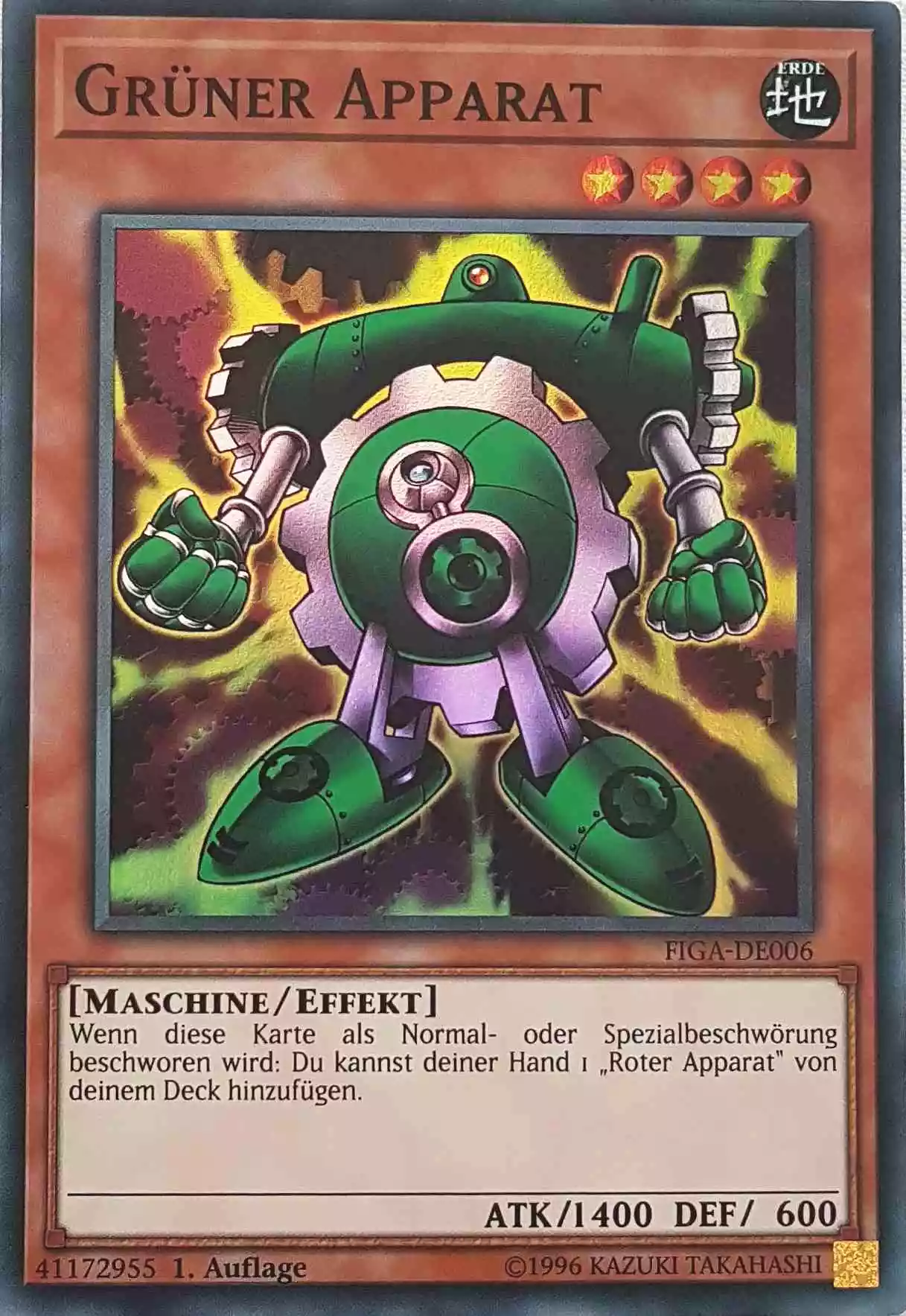 Grüner Apparat FIGA-DE006 ist in Super Rare Yu-Gi-Oh Karte aus Fists of the Gadgets 1.Auflage