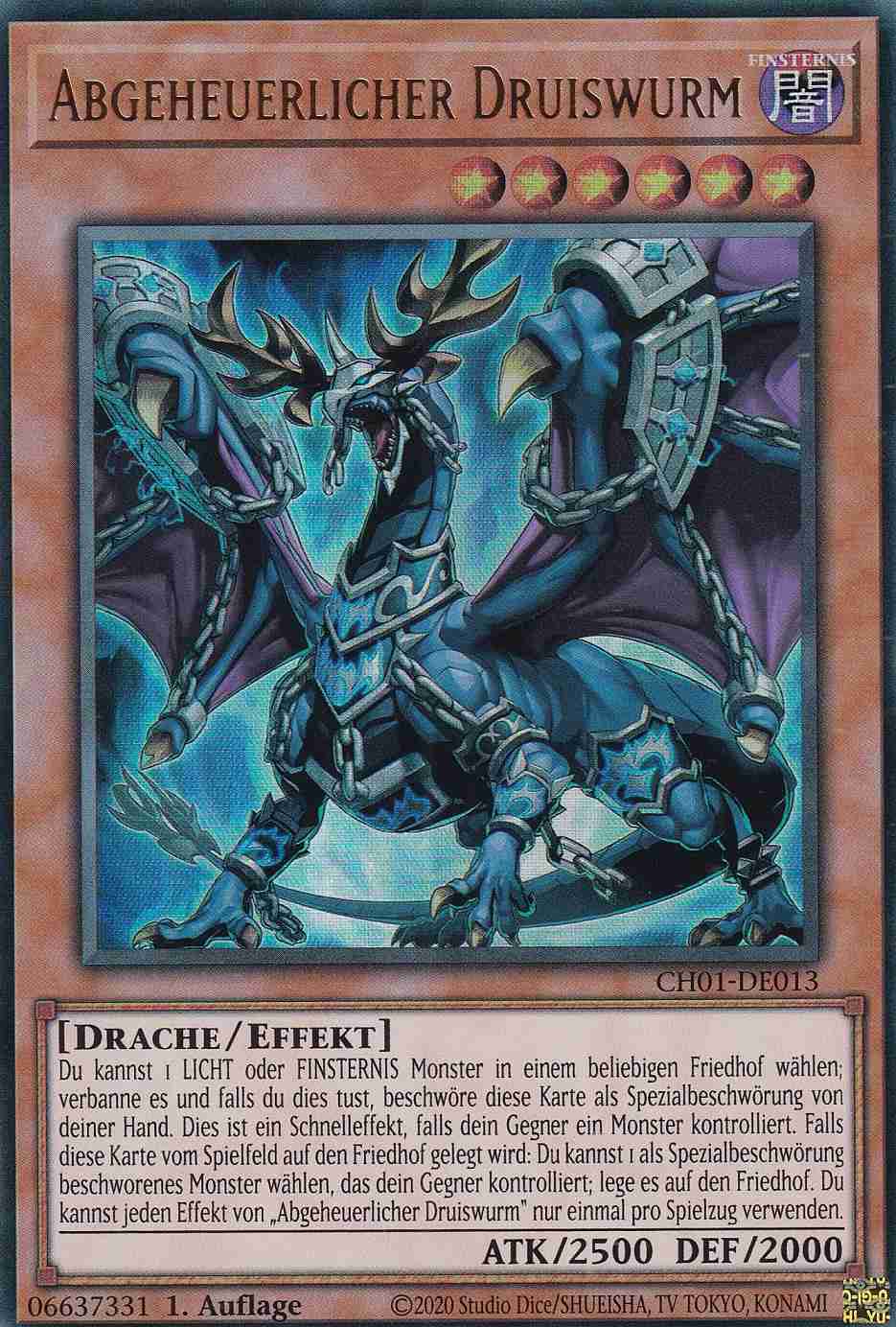 Abgeheuerlicher Druiswurm Ultra Rare CH01-DE013 Yugioh Karte Abgeheuerlicher Druiswurm CH01-DE013 ist in Ultra Rare Yu-Gi-Oh Karte aus THE CHRONICLES DECK: The Fallen & The Virtuous 1.Auflage