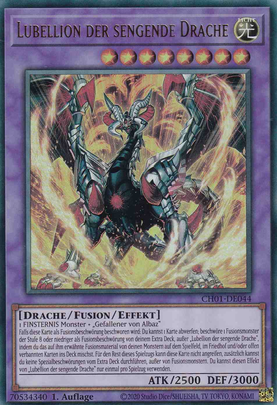 Lubellion der sengende Drache Ultra Rare CH01-DE044 Yugioh Karte Lubellion der sengende Drache CH01-DE044 ist in Ultra Rare Yu-Gi-Oh Karte aus THE CHRONICLES DECK: The Fallen & The Virtuous 1.Auflage