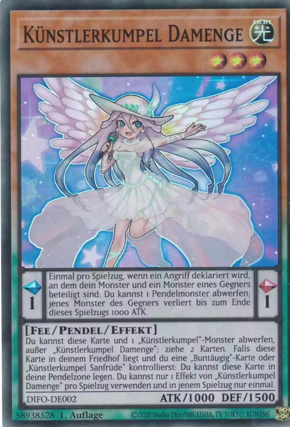 Künstlerkumpel Damenge DIFO-DE002 ist in Super Rare Yu-Gi-Oh Karte aus Dimension Force 1.Auflage
