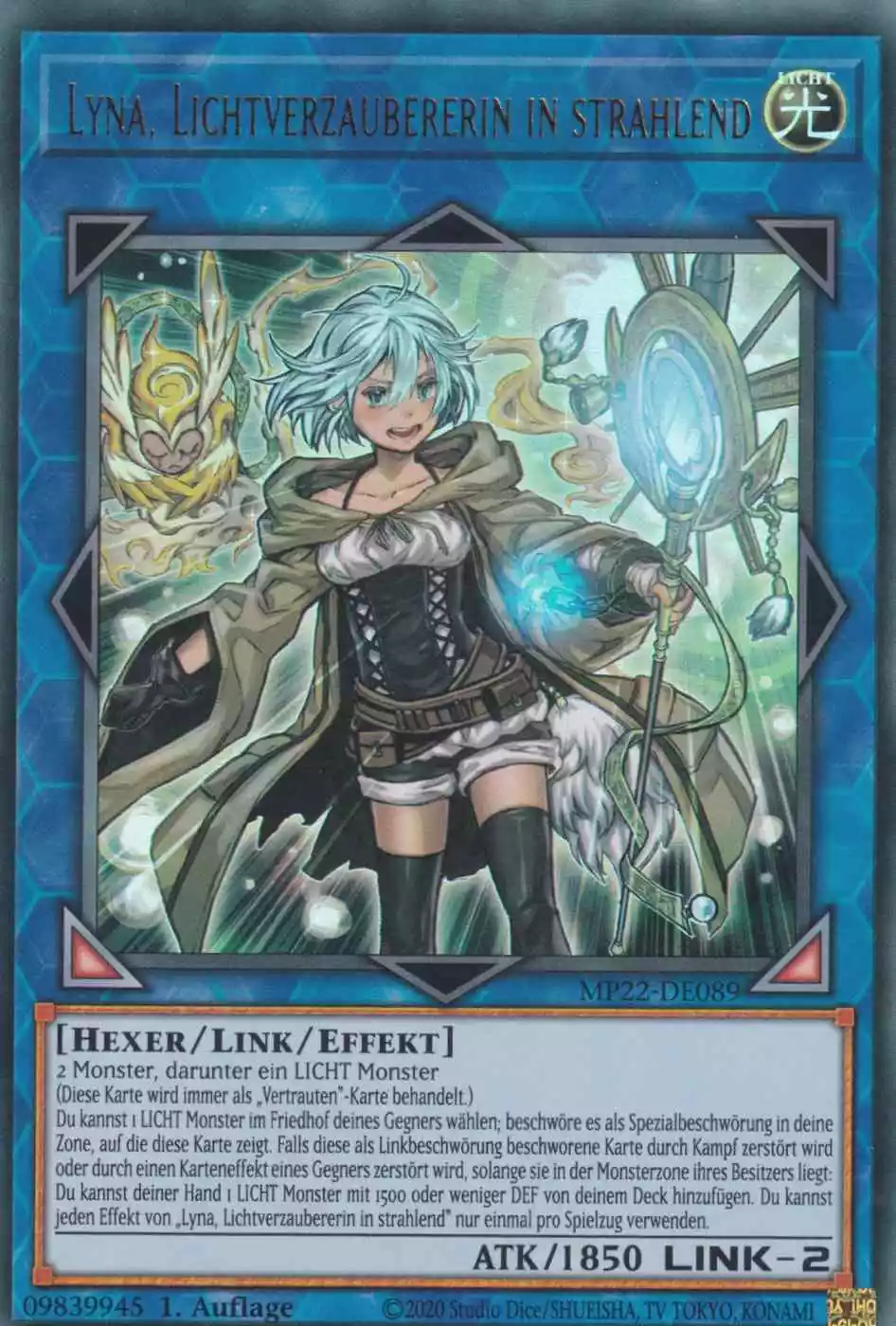 Lyna, Lichtverzaubererin in strahlend MP22-DE089 ist in Ultra Rare Yu-Gi-Oh Karte aus Tin of the Pharaoh’s Gods 1.Auflage