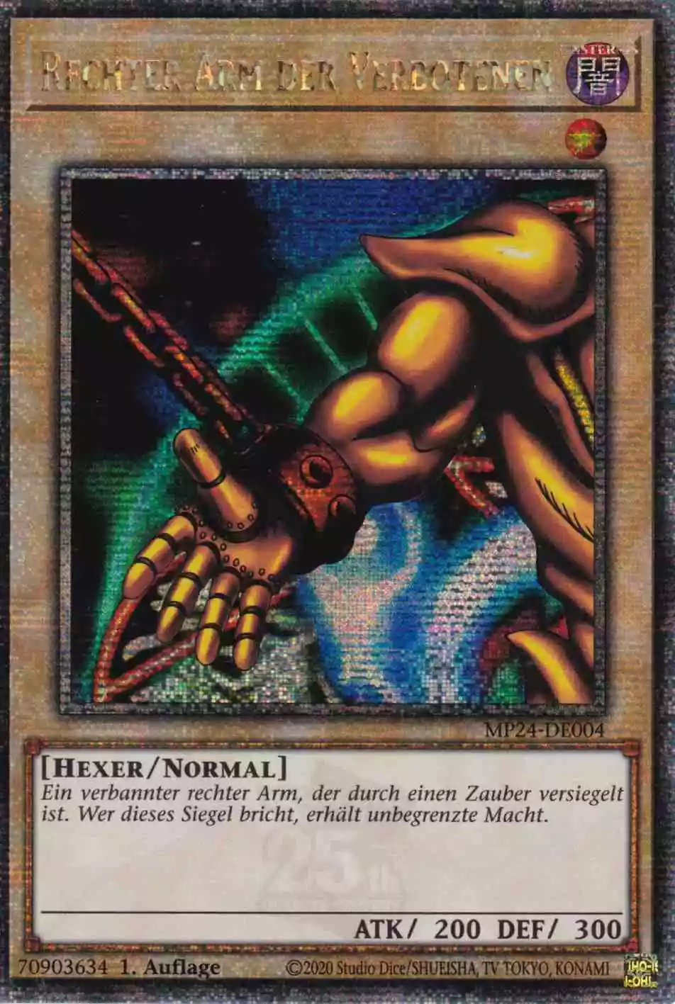 Rechter Arm der Verbotenen MP24-DE004 ist in Quarter Century Secret Rare Yu-Gi-Oh Karte aus 25th Anniversary Tin Dueling Mirrors 1.Auflage