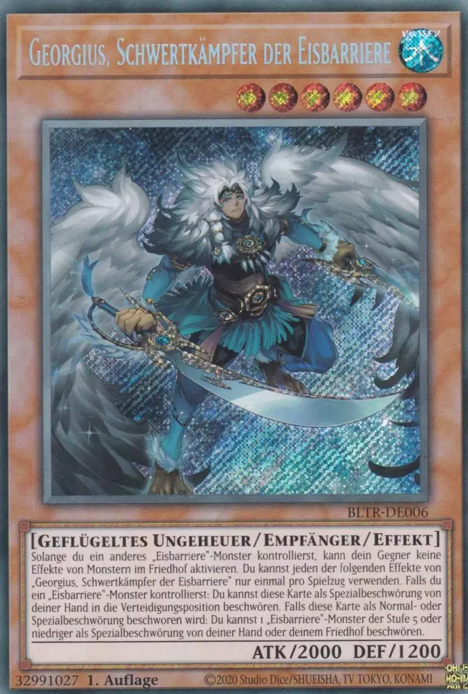 Georgius, Schwertkämpfer der Eisbarriere BLTR-DE006 ist in Secret Rare Yu-Gi-Oh Karte aus Battles of Legend Terminal Revenge 1.Auflage