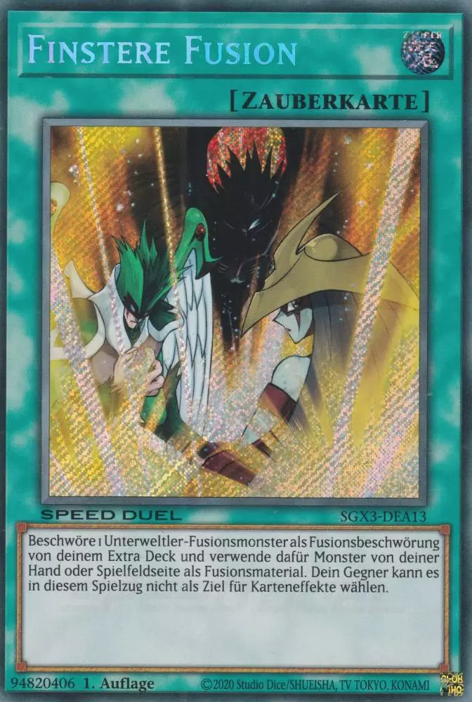 Finstere Fusion SGX3-DEA13 ist in Secret Rare Yu-Gi-Oh Karte aus Speed Duel GX: Duelists of Shadows 1.Auflage