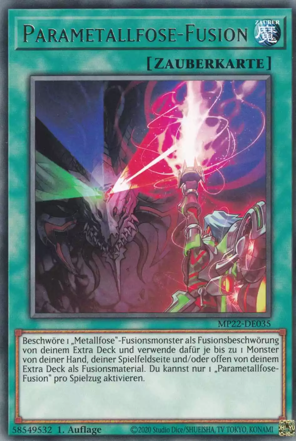 Parametallfose-Fusion MP22-DE035 ist in Rare Yu-Gi-Oh Karte aus Tin of the Pharaoh’s Gods 1.Auflage