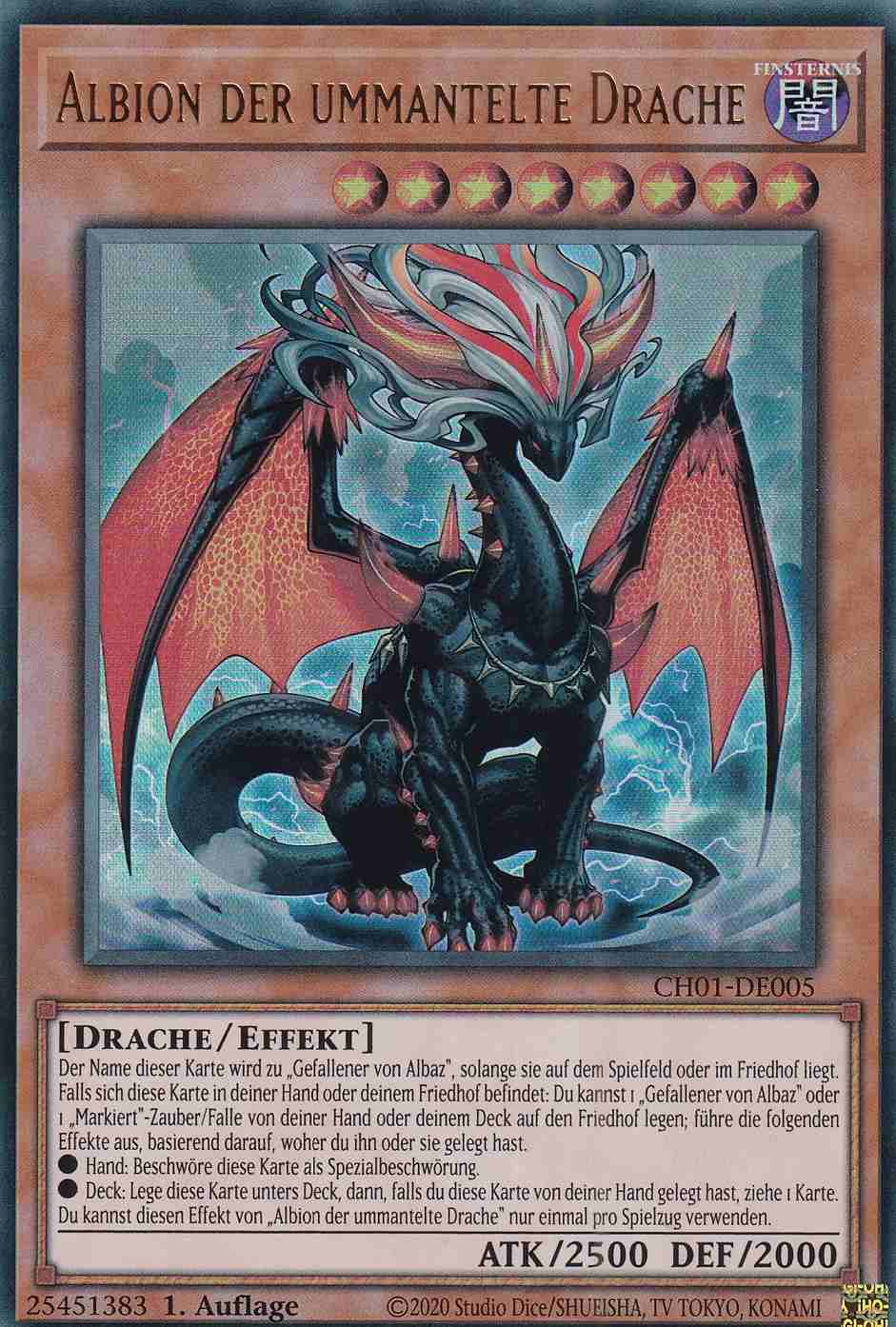 Albion der ummantelte Drache Ultra Rare CH01-DE005 Yugioh Karte Albion der ummantelte Drache CH01-DE005 ist in Ultra Rare Yu-Gi-Oh Karte aus THE CHRONICLES DECK: The Fallen & The Virtuous 1.Auflage