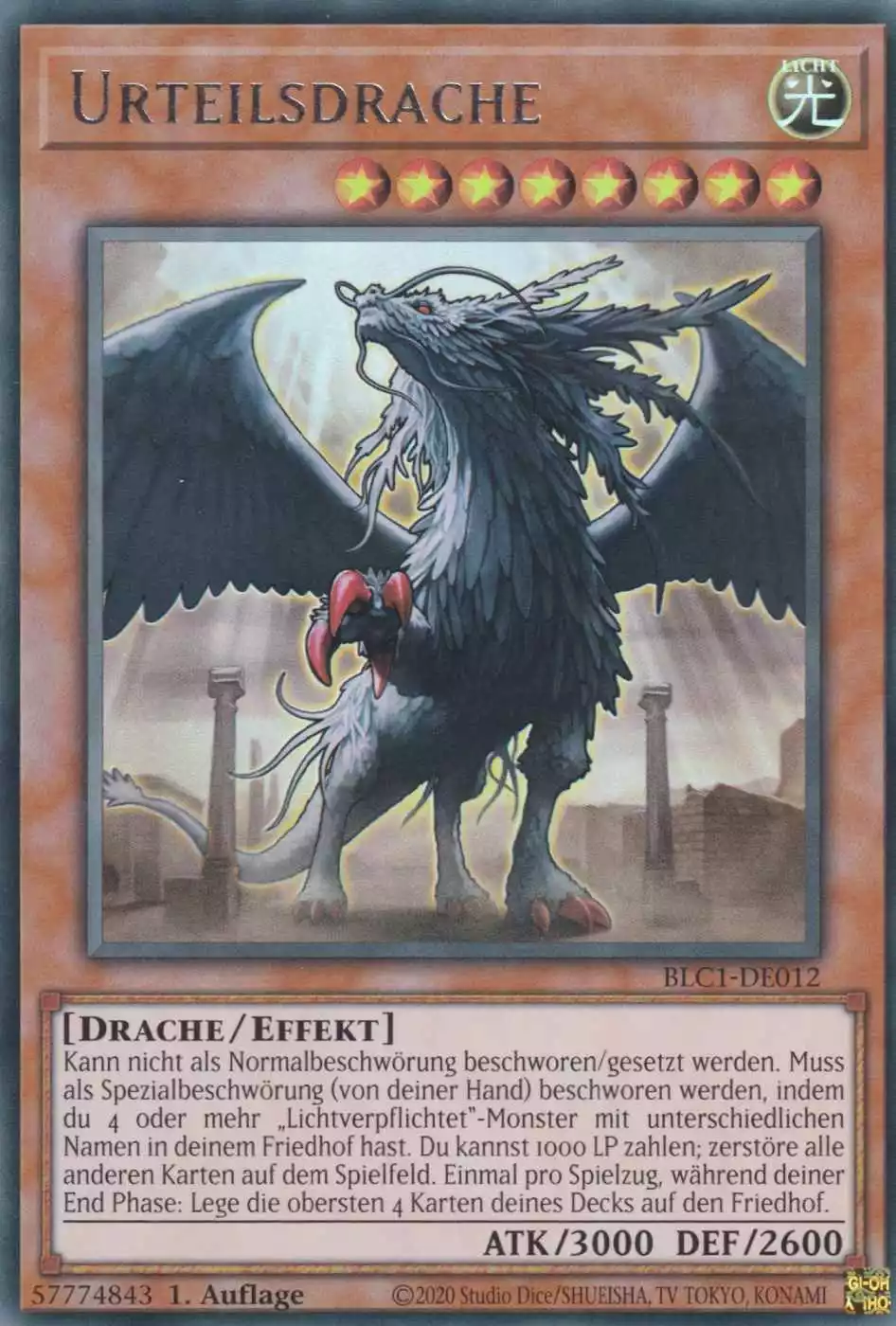Urteilsdrache BLC1-DE012 ist in Silber Ultra Rare Yu-Gi-Oh Karte aus Battles of Legend Chapter 1 1.Auflage