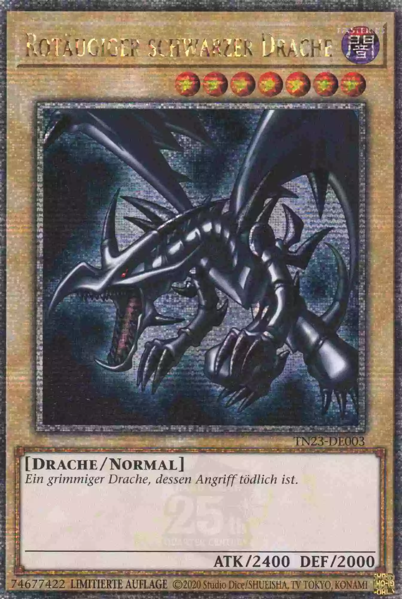 Rotäugiger schwarzer Drache TN23-DE003 ist in Quarter Century Secret Rare Yu-Gi-Oh Karte aus 25th Anniversary Tin Dueling Heroes 1.Auflage
