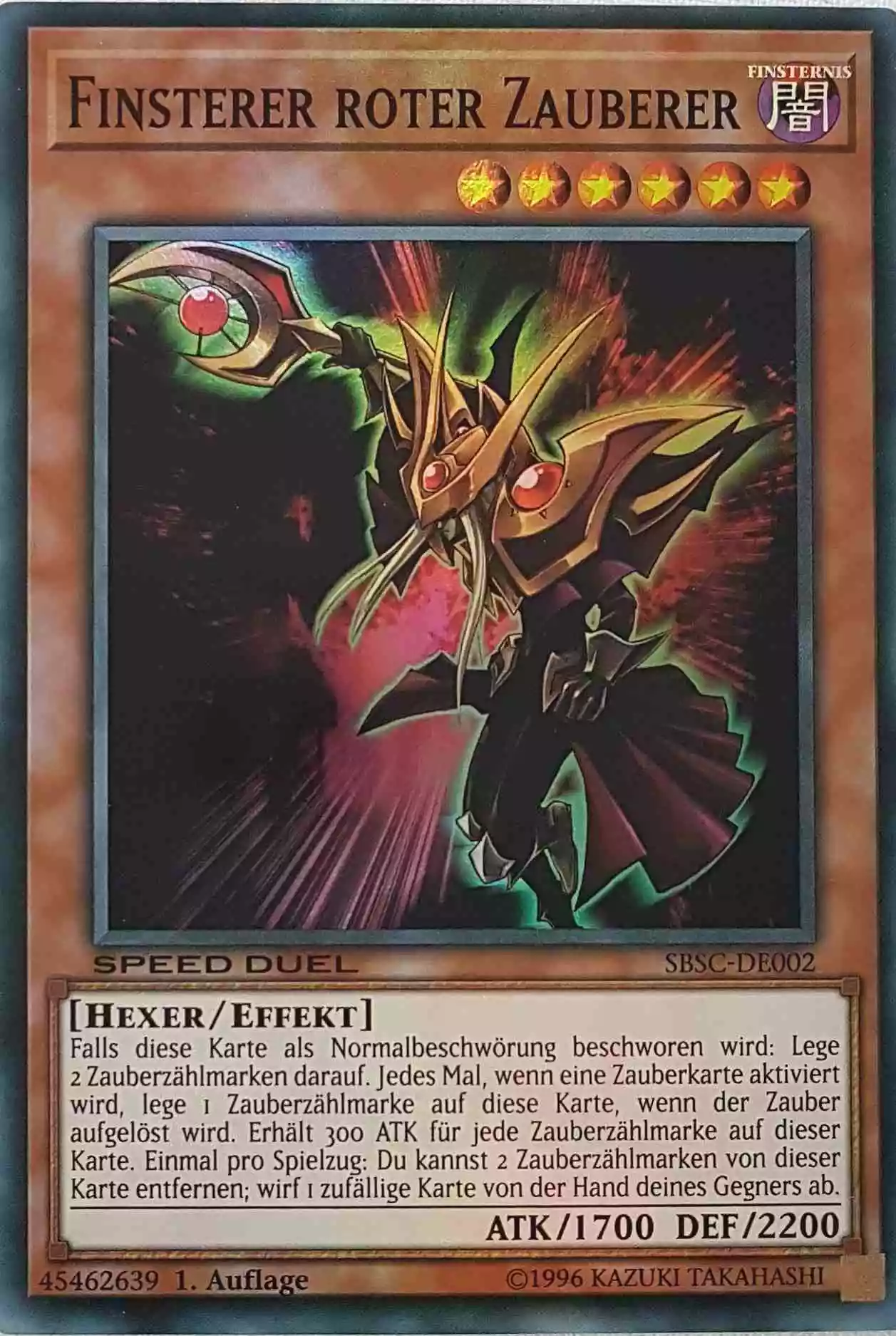 Finsterer roter Zauberer SBSC-DE002 ist in Super Rare Yu-Gi-Oh Karte aus Speed Duel Scars of Battle 1. Auflage