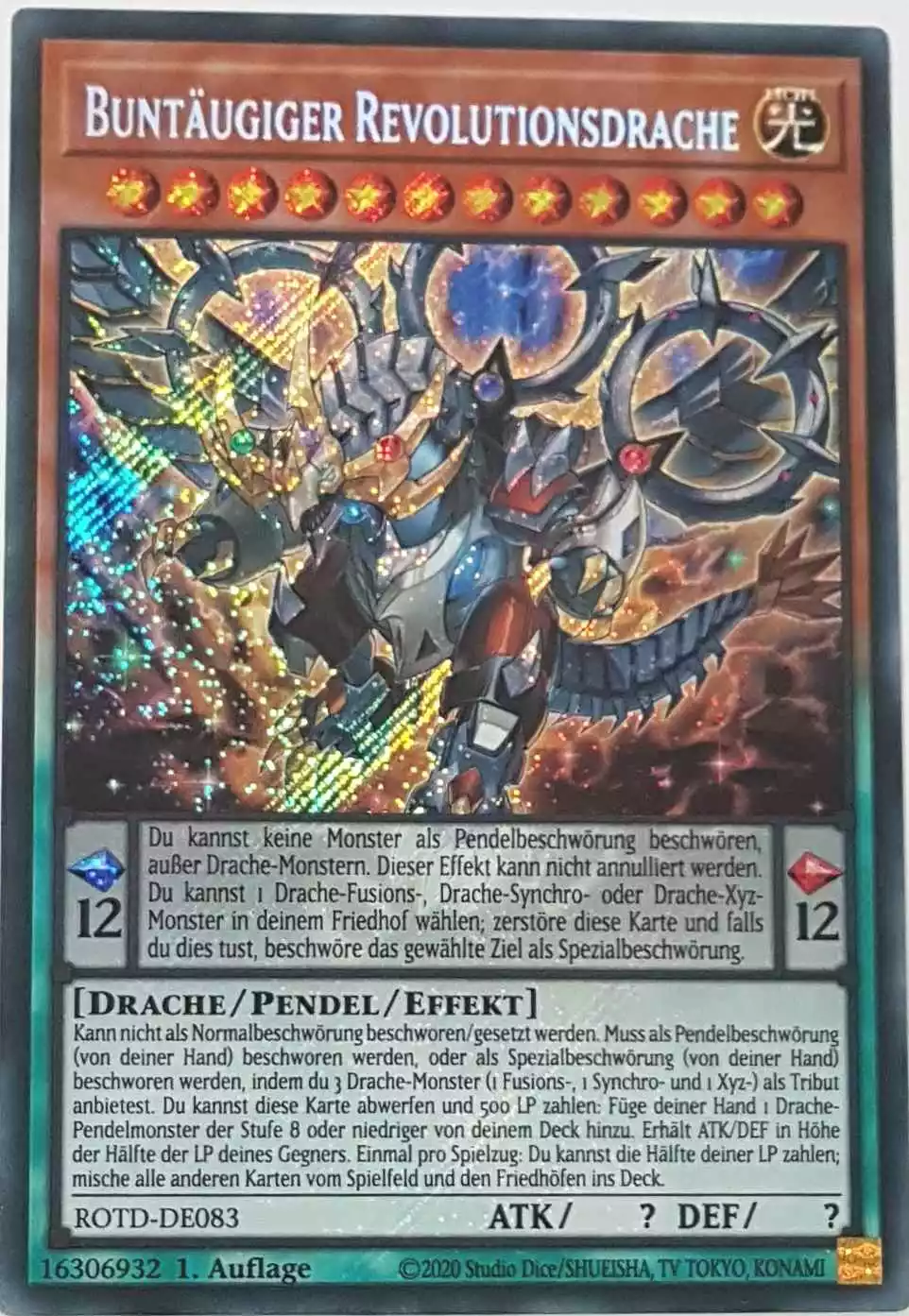 Buntäugiger Revolutionsdrache ROTD-DE083 ist in Secret Rare Yu-Gi-Oh Karte aus Rise of the Duelist 1.Auflage