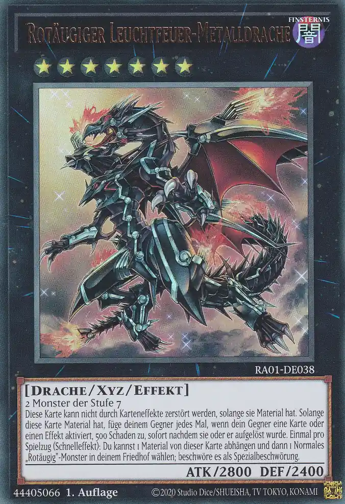 Rotäugiger Leuchtfeuer-Metalldrache RA01-DE038 ist in Ultra Rare Yu-Gi-Oh Karte aus 25th Anniversary Rarity Collection 1.Auflage