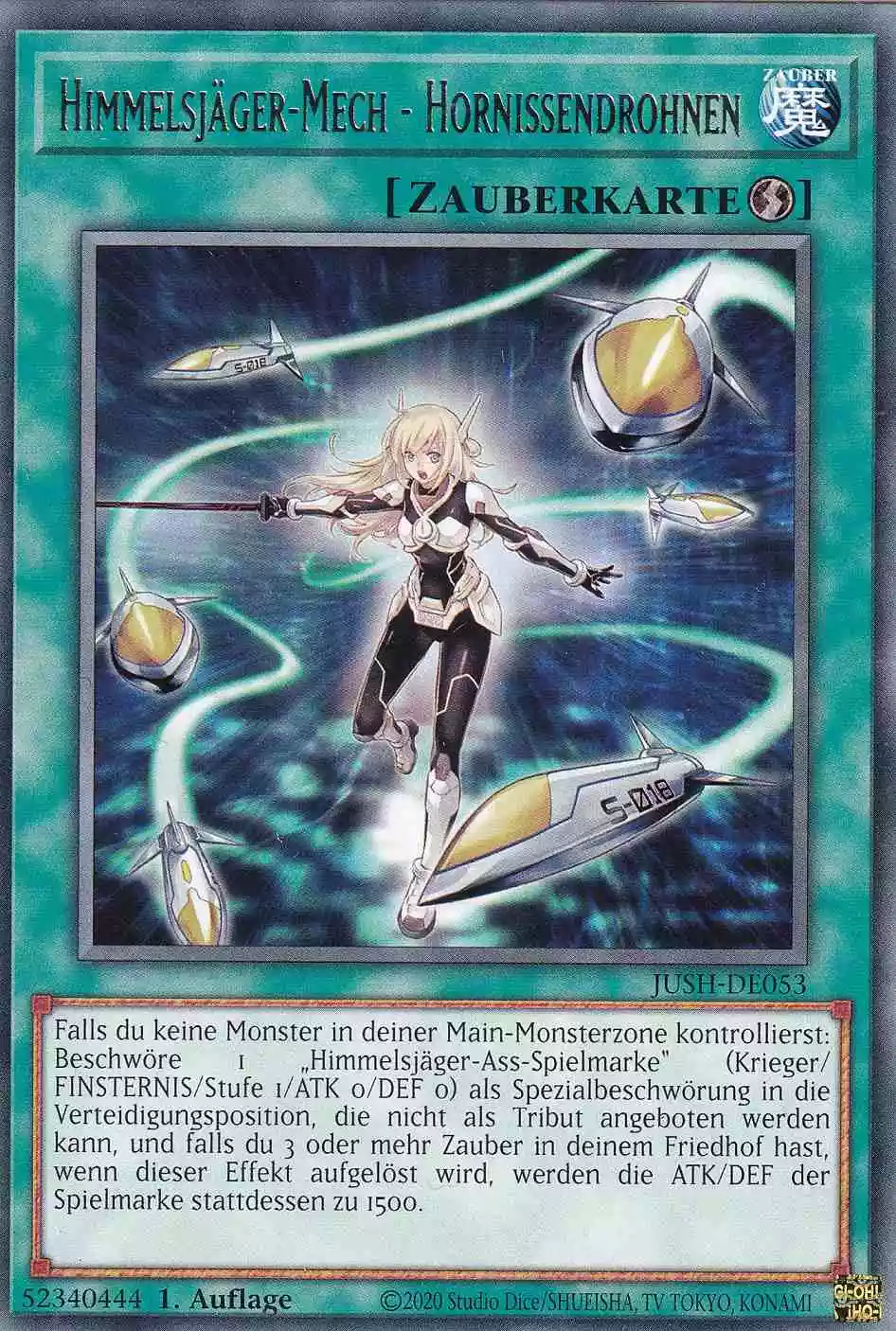 Himmelsjäger-Mech - Hornissendrohnen JUSH-DE053 ist in Rare Yu-Gi-Oh Karte aus Justice Hunters 1.Auflage