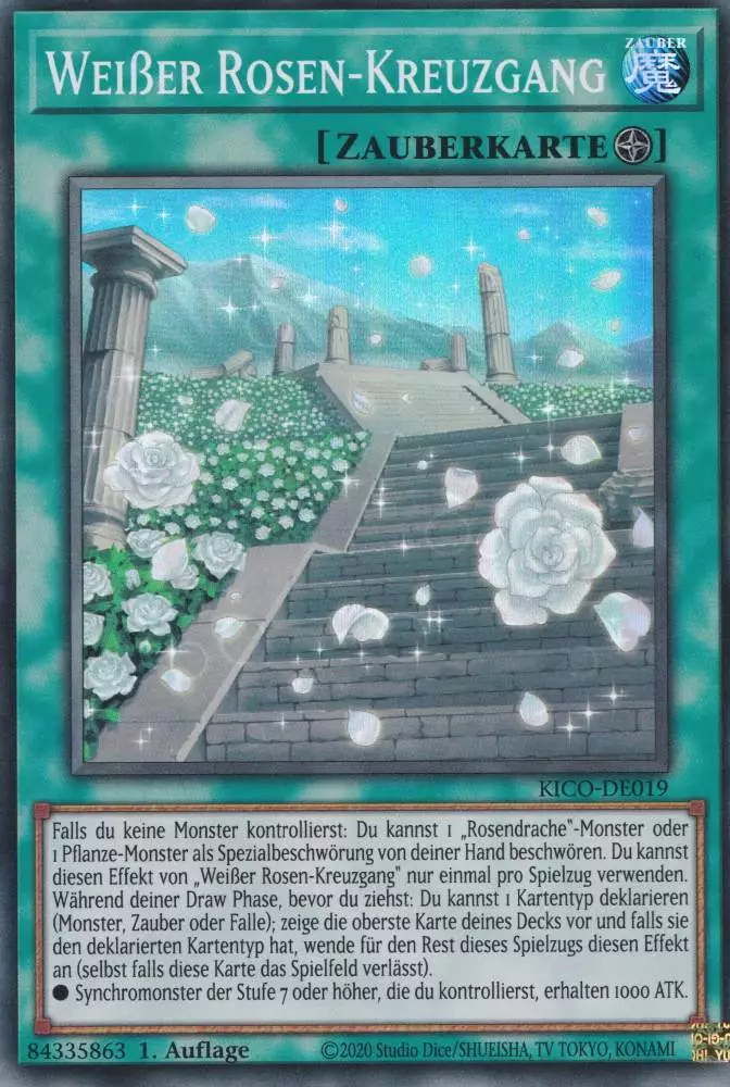 Weißer Rosen-Kreuzgang KICO-DE019 ist in Super Rare Yu-Gi-Oh Karte aus King's Court 1.Auflage