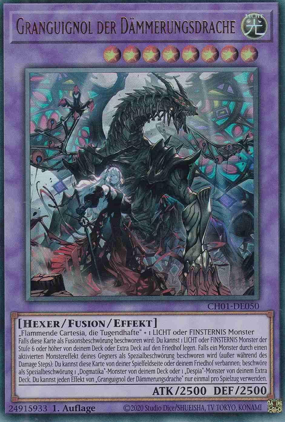 Granguignol der Dämmerungsdrache Ultra Rare CH01-DE050 Yugioh Karte Granguignol der Dämmerungsdrache CH01-DE050 ist in Ultra Rare Yu-Gi-Oh Karte aus THE CHRONICLES DECK: The Fallen & The Virtuous 1.Auflage