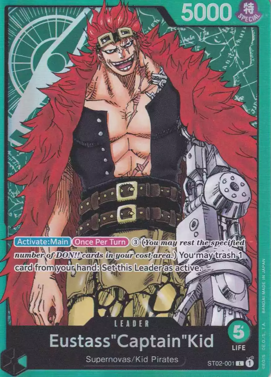 st02-001-eustass-captain-kid-leader-worst-generation-st02 Eustass"Captain"Kid ST02-001 ist in Leader. Die One Piece Karte ist aus Worst Generation ST02 in Normal Art.