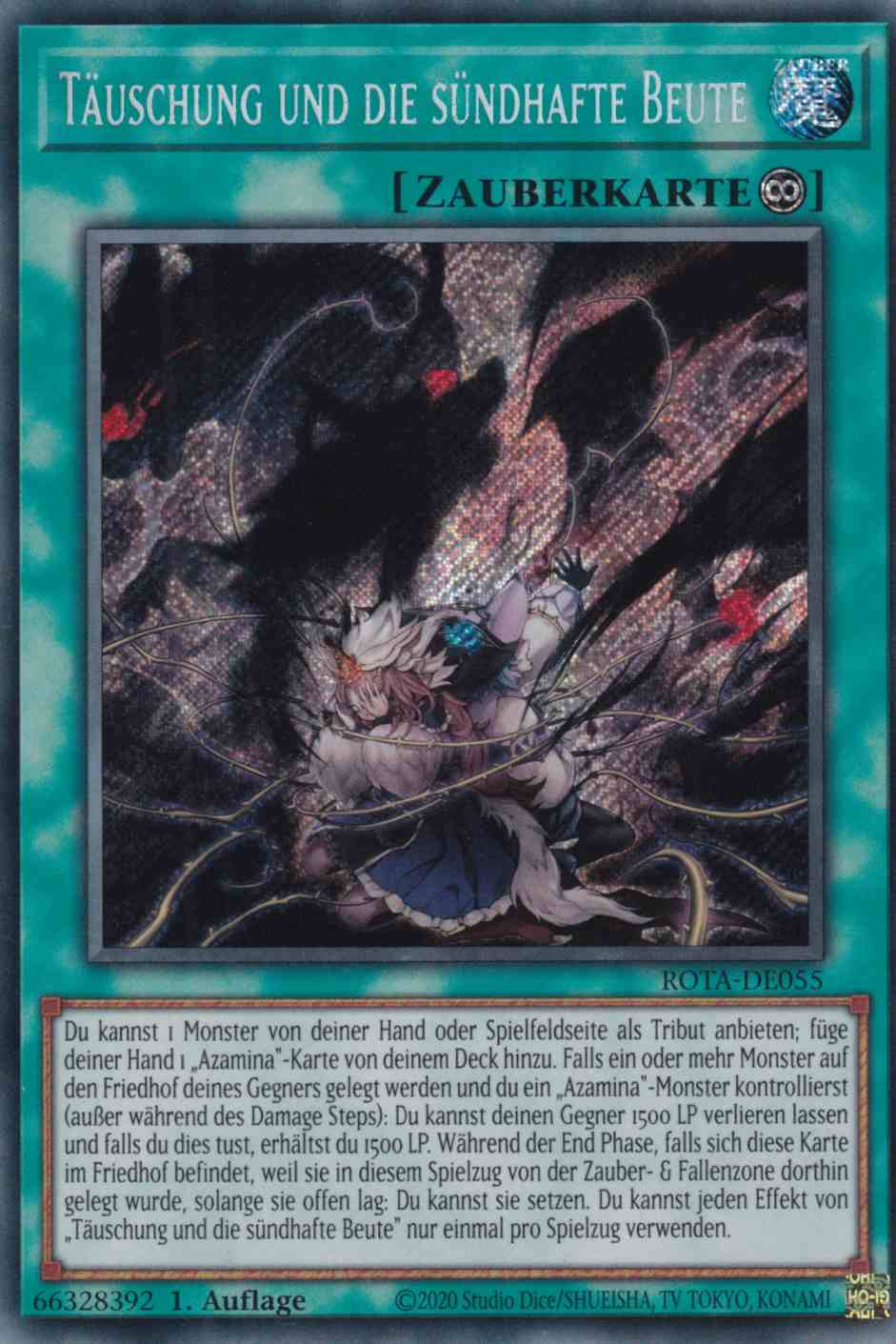 Täuschung und die sündhafte Beute ROTA-DE055 ist in Secret Rare Yu-Gi-Oh Karte aus Rage of the Abyss 1.Auflage