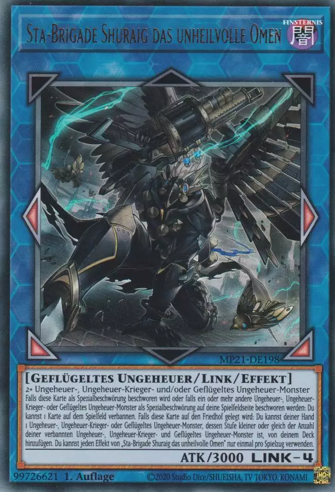 Sta-Brigade Shuraig das unheilvolle Omen MP21-DE198 ist in Ultra Rare Yu-Gi-Oh Karte aus Tin of Ancient Battles 1.Auflage