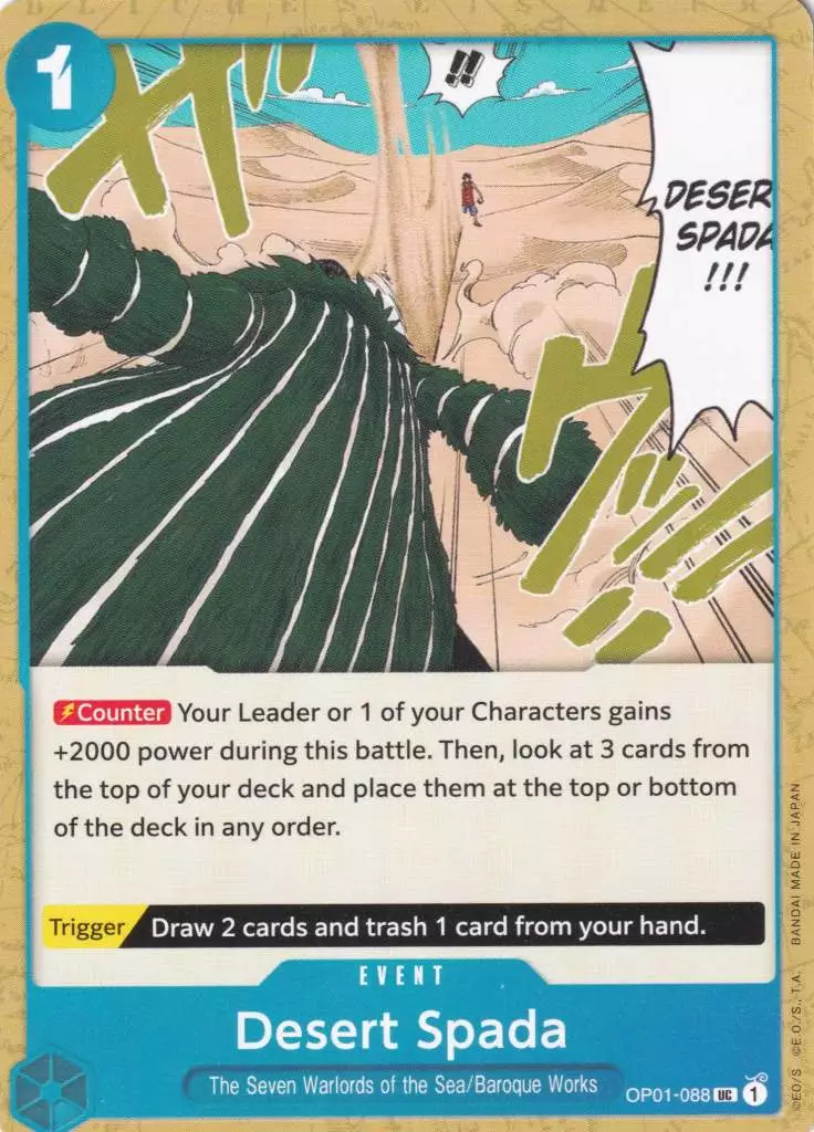 op01-088-desert-spada-uncommon-romance-dawn Desert Spada OP01-088 ist in Uncommon. Die One Piece Karte ist aus Romance Dawn in Normal Art.