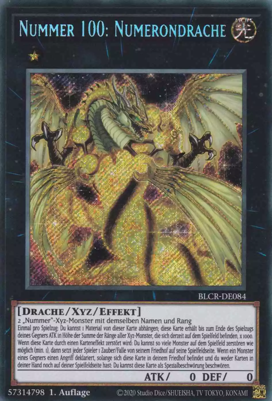 Nummer 100: Numerondrache BLCR-DE084 ist in Secret Rare Yu-Gi-Oh Karte aus Battles of Legend Crystal Revenge 1.Auflage