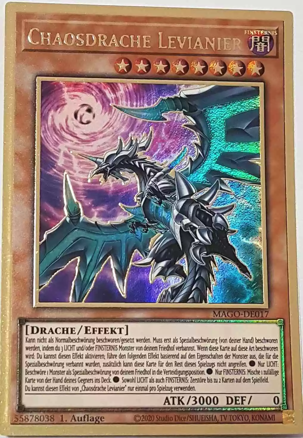 Chaosdrache Levianier (alternativ art) MAGO-DE017-1 ist in Premium Gold Rare Yu-Gi-Oh Karte aus Maximum Gold 1. Auflage