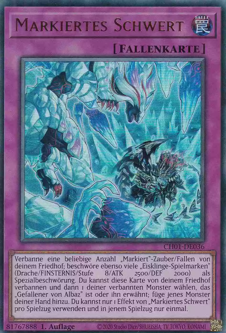 Markiertes Schwert Ultra Rare CH01-DE036 Yugioh Karte Markiertes Schwert CH01-DE036 ist in Ultra Rare Yu-Gi-Oh Karte aus THE CHRONICLES DECK: The Fallen & The Virtuous 1.Auflage