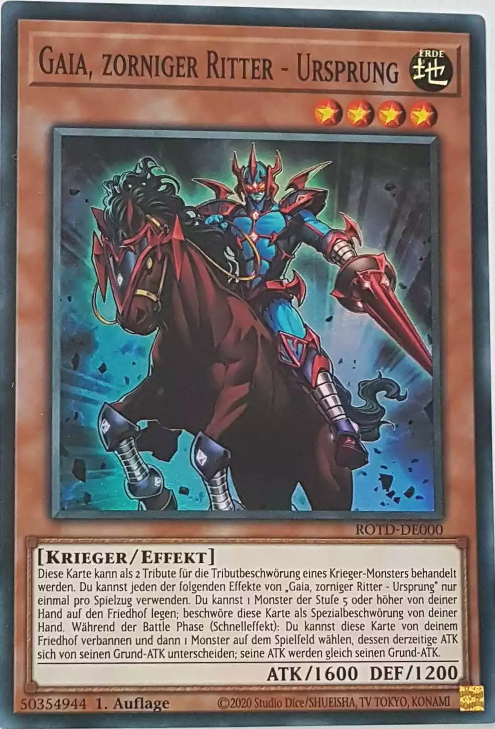 Gaia, zorniger Ritter - Ursprung ROTD-DE000 ist in Super Rare Yu-Gi-Oh Karte aus Rise of the Duelist 1.Auflage