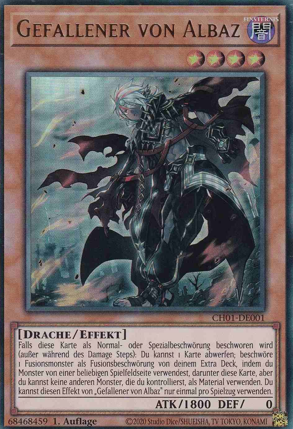 Gefallener von Albaz Ultra Rare CH01-DE001 Yugioh Karte Gefallener von Albaz CH01-DE001 ist in Ultra Rare Yu-Gi-Oh Karte aus THE CHRONICLES DECK: The Fallen & The Virtuous 1.Auflage