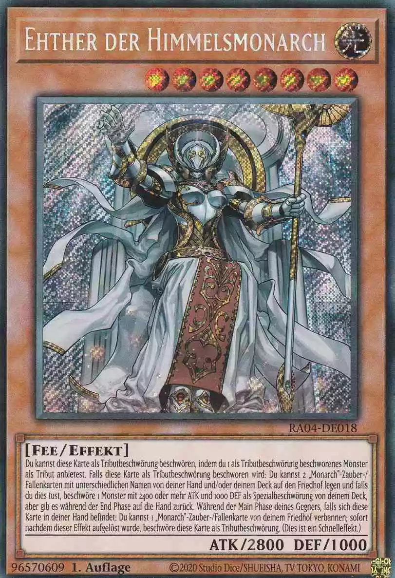 Ehther der Himmelsmonarch RA04-DE018 ist in Secret Rare Yu-Gi-Oh Karte aus Quarter Century Stampede 1.Auflage
