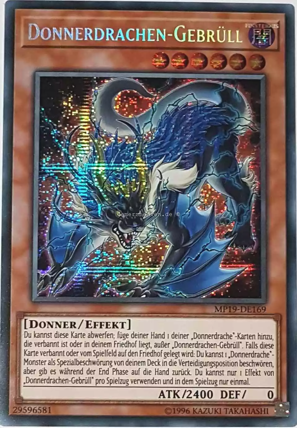 Donnerdrachen-Gebrüll MP19-DE169 ist in Prismatic Secret Rare aus Gold Sarcophagus Tin 2019 1.Auflage