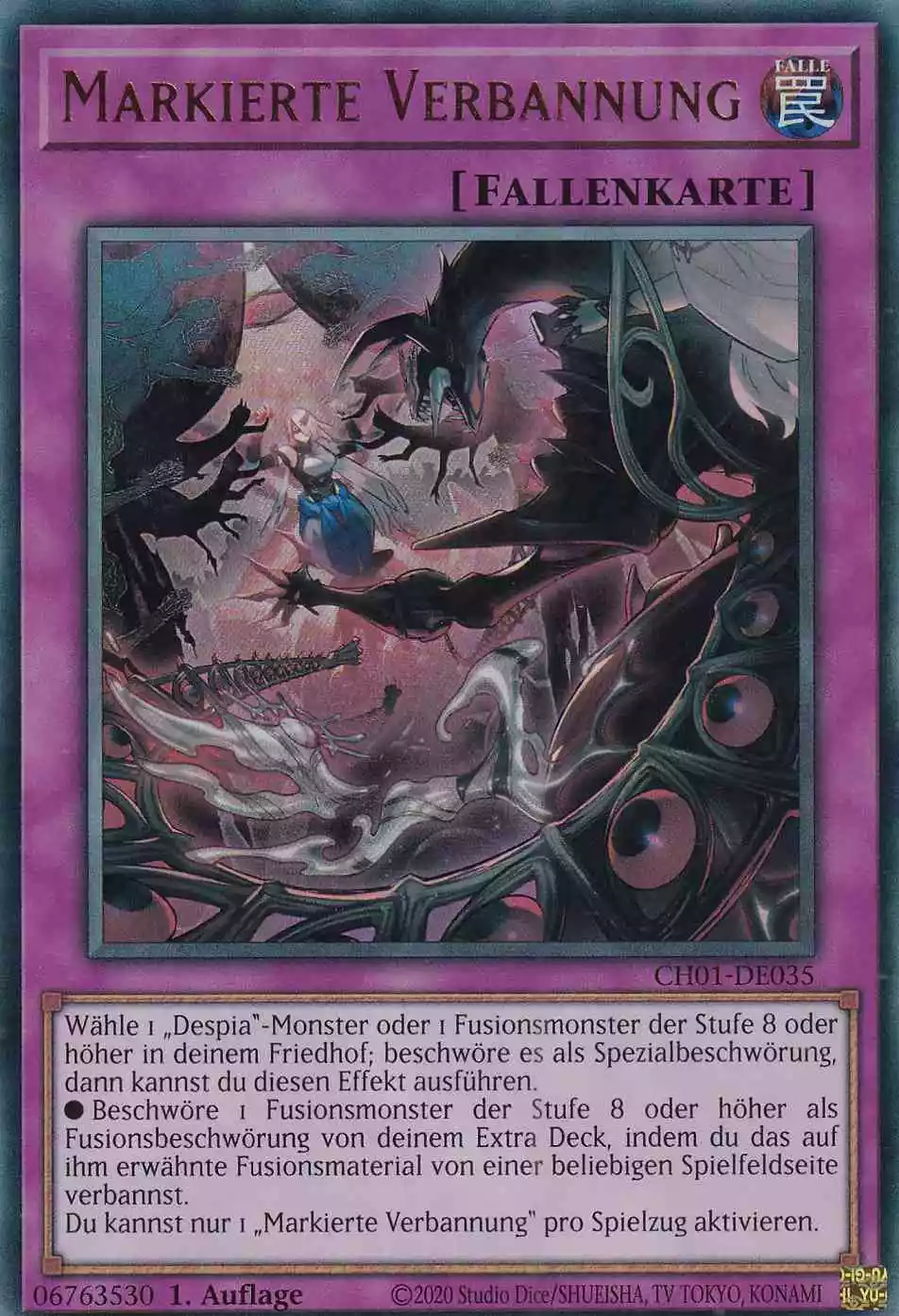 Markierte Verbannung Ultra Rare CH01-DE035 Yugioh Karte Markierte Verbannung CH01-DE035 ist in Ultra Rare Yu-Gi-Oh Karte aus THE CHRONICLES DECK: The Fallen & The Virtuous 1.Auflage