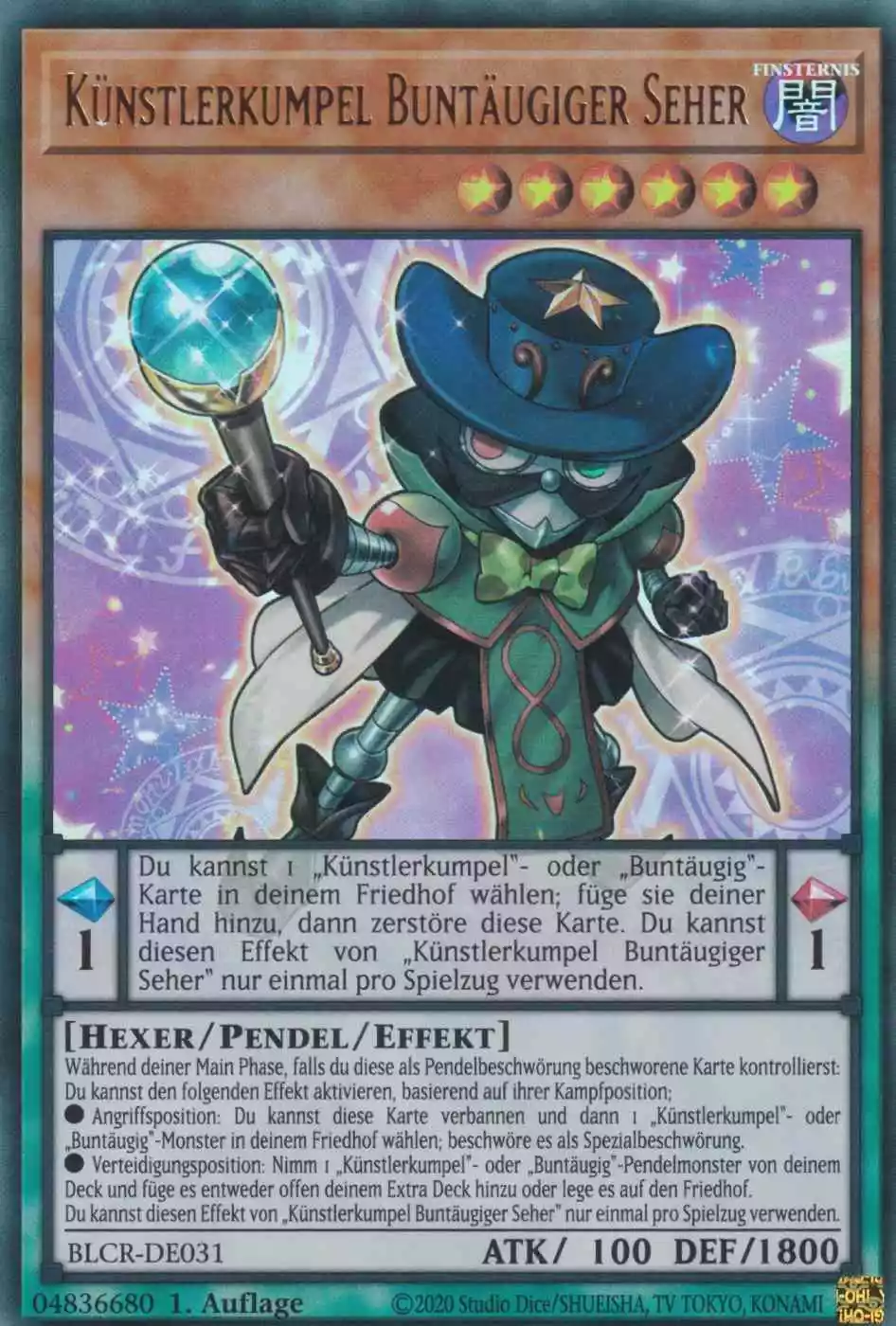 Künstlerkumpel Buntäugiger Seher BLCR-DE031 ist in Ultra Rare Yu-Gi-Oh Karte aus Battles of Legend Crystal Revenge 1.Auflage