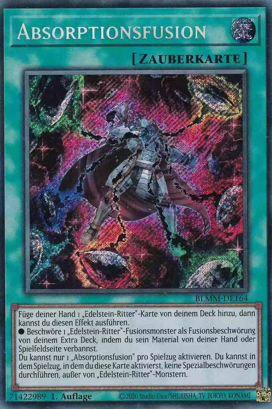 Absorptionsfusion Secret Rare BLMM-DE164 Yugioh Karte Absorptionsfusion BLMM-DE164 ist in Secret Rare Yu-Gi-Oh Karte aus Battles of Legend Monster Mayhem 1.Auflage