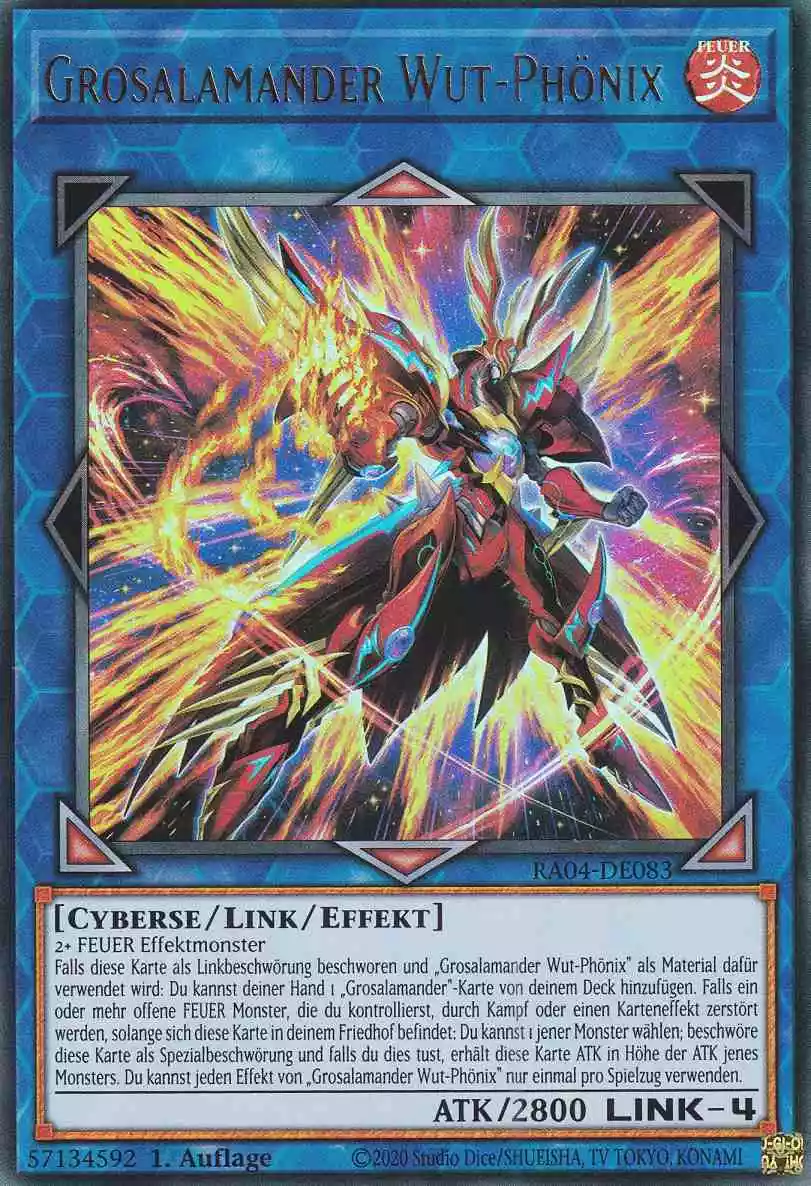 Grosalamander Wut-Phönix Ultra Rare RA04-DE083 Yugioh Karte Grosalamander Wut-Phönix RA04-DE083 ist in Ultra Rare Yu-Gi-Oh Karte aus Quarter Century Stampede 1.Auflage