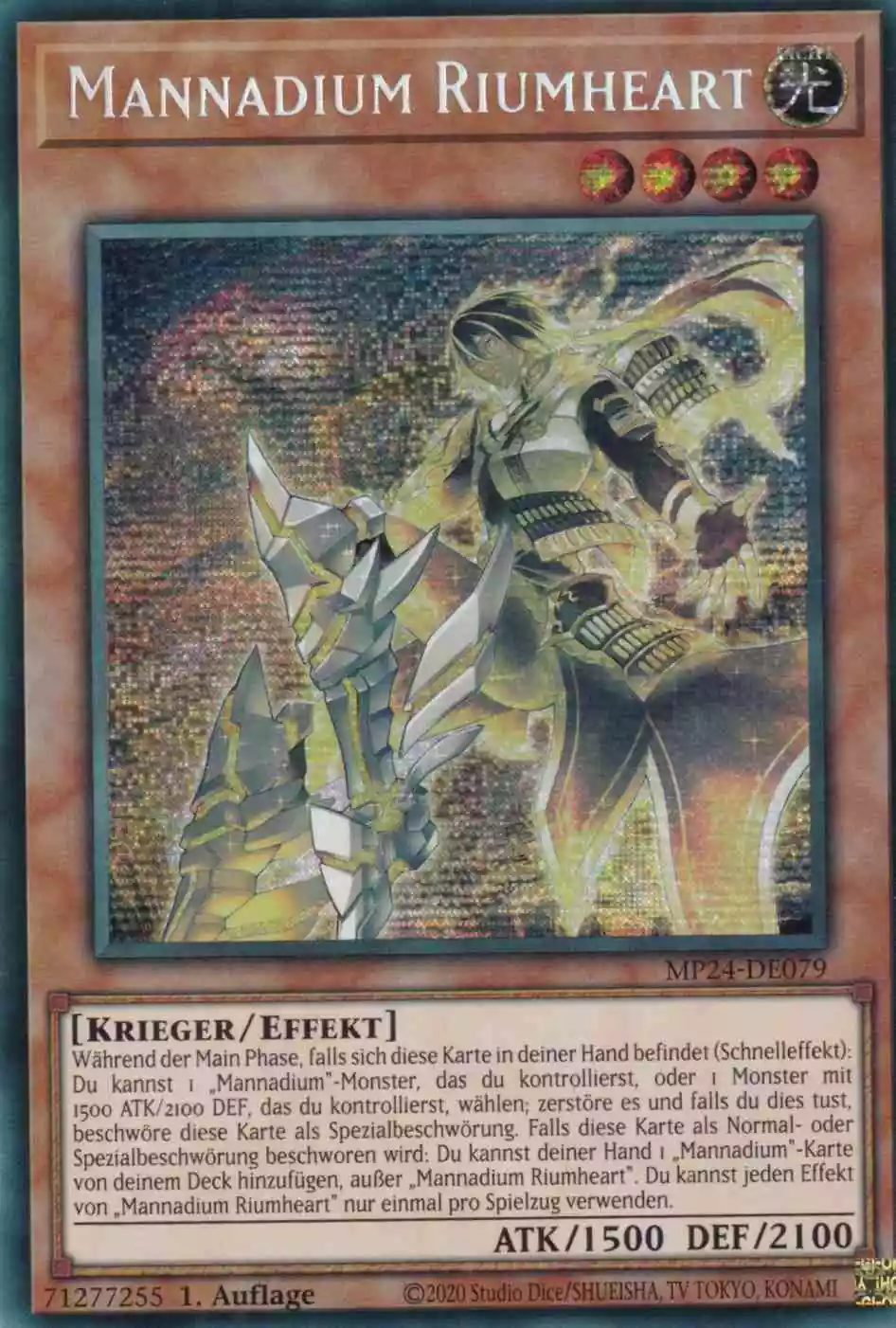 Mannadium Riumheart MP24-DE079 ist in Prismatic Secret Rare Yu-Gi-Oh Karte aus 25th Anniversary Tin Dueling Mirrors 1.Auflage