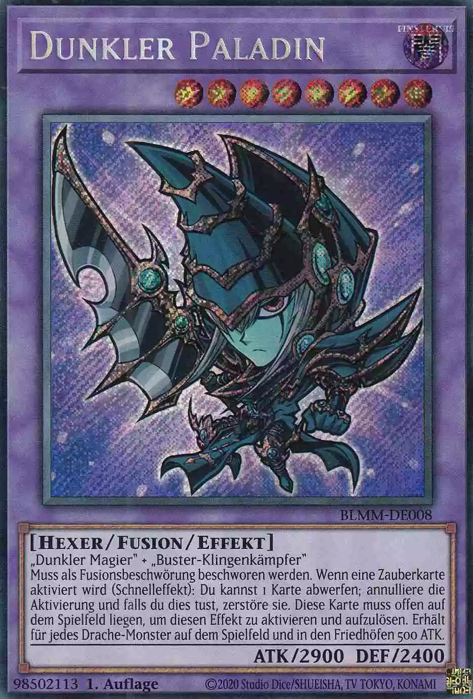 Dunkler Paladin Secret Rare BLMM-DE008 Yugioh Karte Dunkler Paladin BLMM-DE008 ist in Secret Rare Yu-Gi-Oh Karte aus Battles of Legend Monster Mayhem 1.Auflage