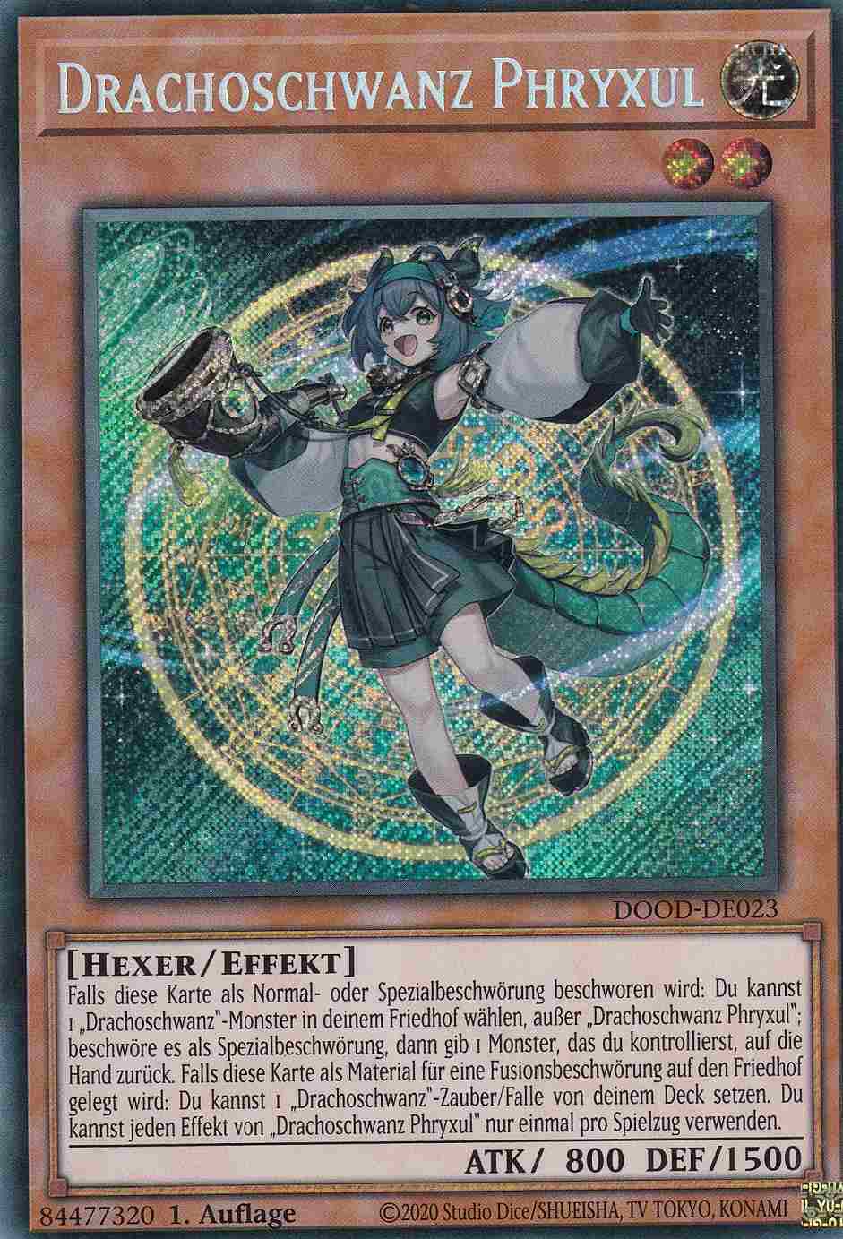 Drachoschwanz Phryxul DOOD-DE023 ist in Secret Rare Yu-Gi-Oh Karte aus Doom of Dimensions 1.Auflage