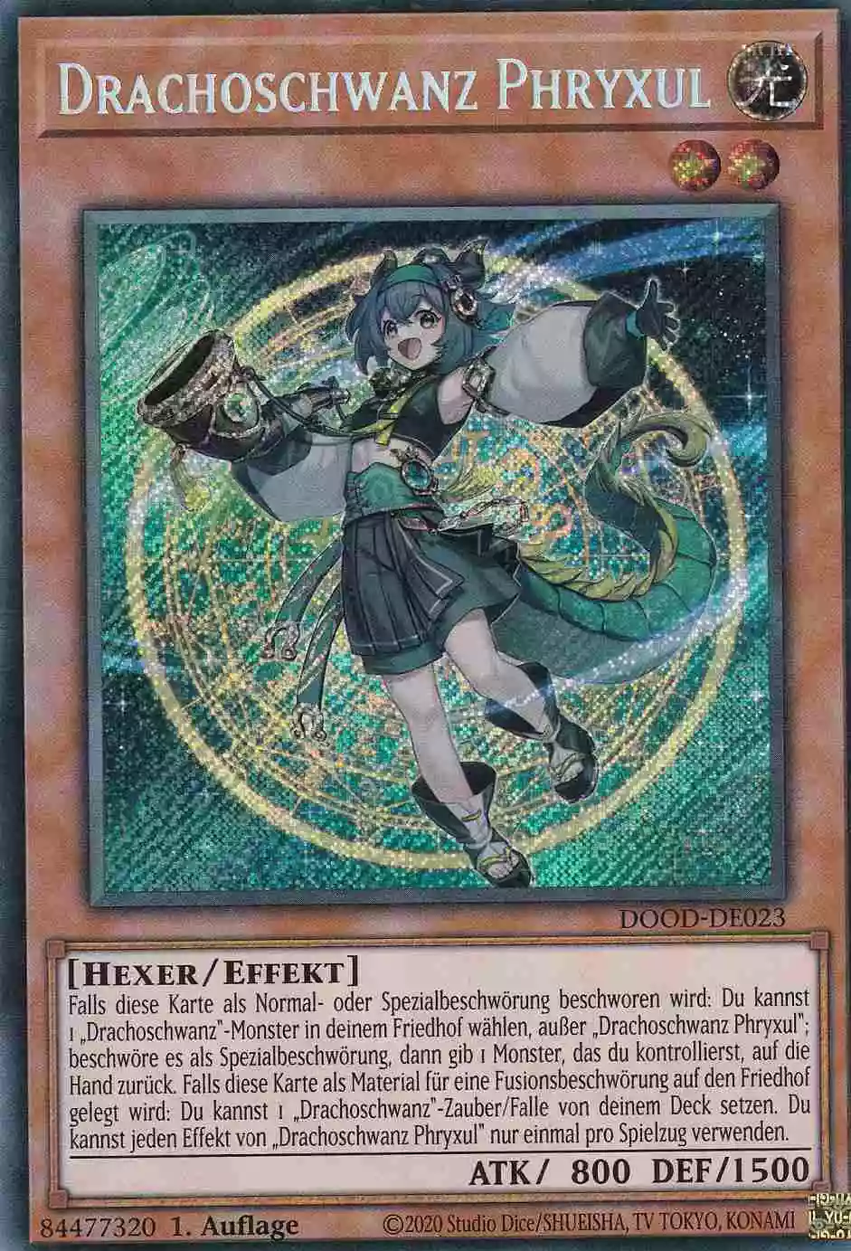Drachoschwanz Phryxul Secret Rare DOOD-DE023 Yugioh Karte Drachoschwanz Phryxul DOOD-DE023 ist in Secret Rare Yu-Gi-Oh Karte aus Doom of Dimensions 1.Auflage